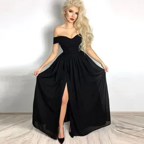 Abiti da ballo da donna di lusso neri con spalle scoperte senza maniche A Line abiti da sera con spacco laterale in raso pieghet