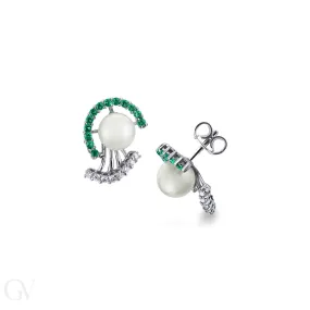 Orecchini in oro Bianco 18k con Perle, Smeraldi e Diamanti