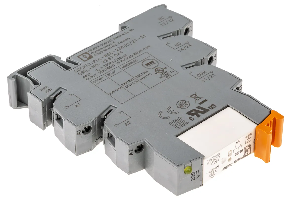 Relè d'interfaccia Phoenix Contact serie PLC-RSC-230UC/21-21, bobina 230V ca, Guida DIN, contatti DPDT