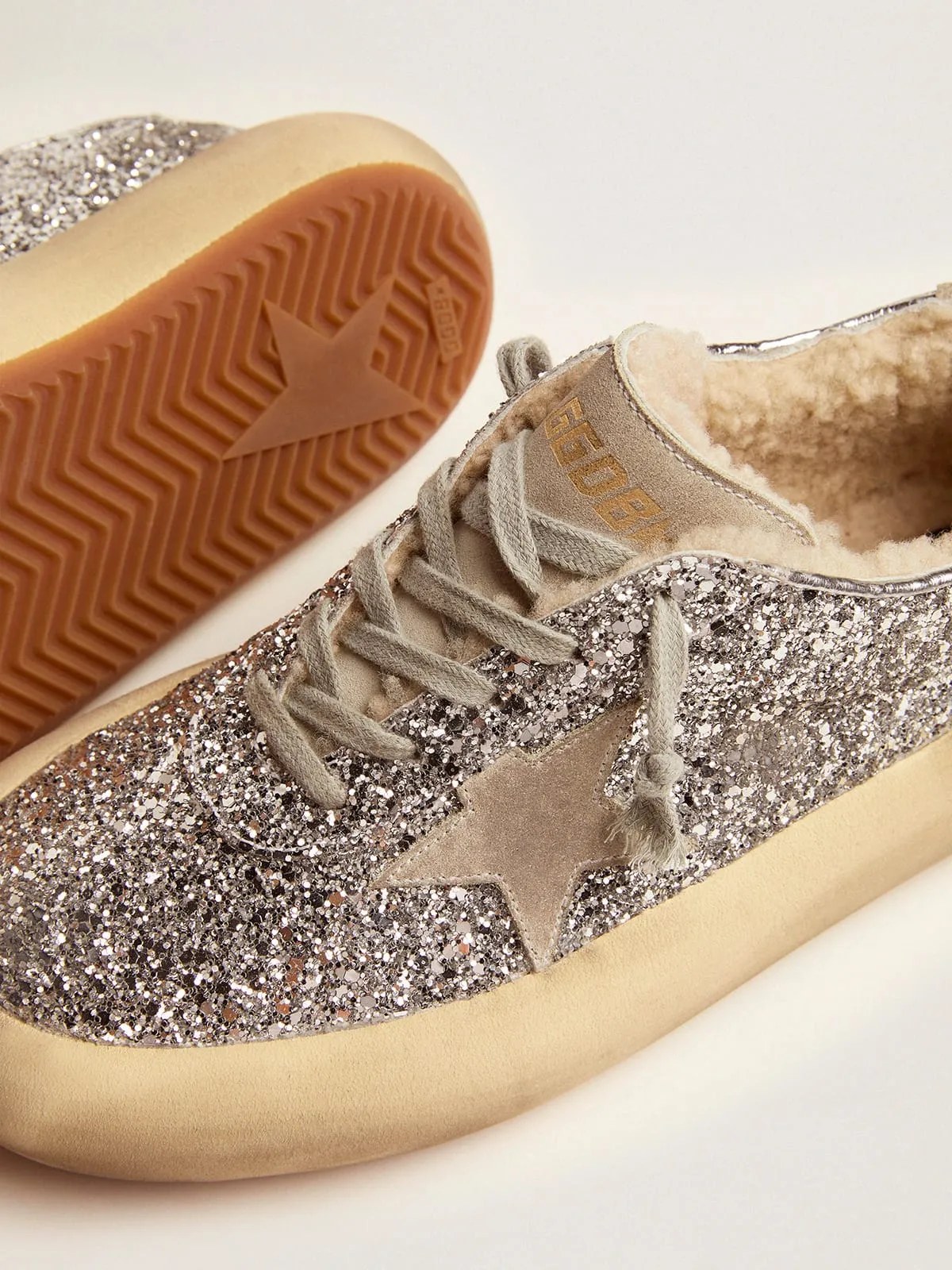 Scarpe Space-Star Donna in glitter argento e fodera in shearling